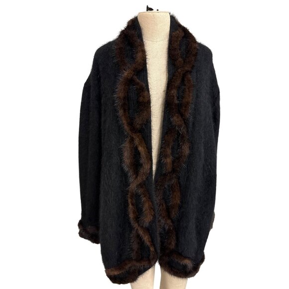 Vintage Cache Fur Trimmed Luxe Winter Wrap Coat Sweater Jacket Made In Korea - Picture 2 of 12